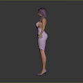Woman With Purple Hair In Tight Pink Deep V Neck Slit Dress And Purple Heels