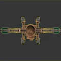 Copper And Green Mechanical Combat Weapon With Multiple Saw Blades And Wheels