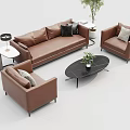 Modern Brown Leather Sofa Coffee Table Set With Armchairs Side Table Lamp And Plants 3d model