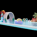 Interactive Water Playground Area Featuring Small Boat Slide Palm Tree Island And Fish