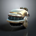 Futuristic Golden Metallic Helmet With Shiny Surface And Mechanical Details