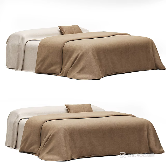 Modern Double Bed Interior Design With Light Colored Sheets And Brown Blanket Pillow 3d model 