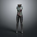 Woman Wearing Sleeveless Leather Bodysuit With Straps And Dark Colored Long Boots