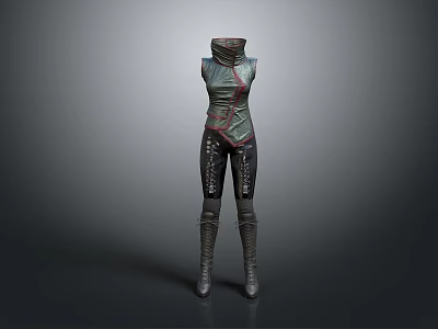 Woman Wearing Sleeveless Leather Bodysuit With Straps And Dark Colored Long Boots 3d model