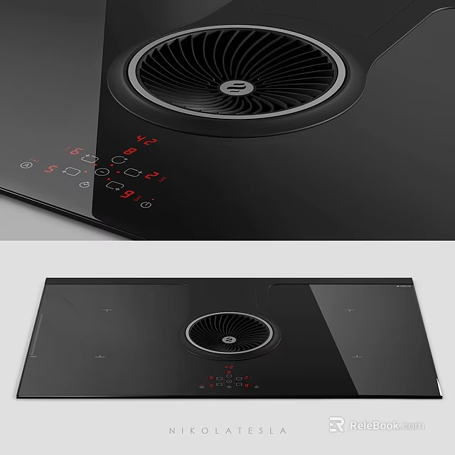 Modern Black Cooktop With Red Digital Control Panel And Circular Range Hood 3d model 