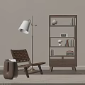 Modern Minimalist Wooden Bookcase with Shelves Drawers in Living Room Woven Chair Floor Lamp