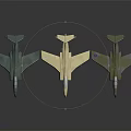 Three Different Colored Military Fighter Aircraft Models Displayed On Dark Background