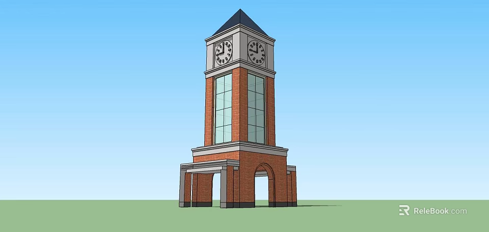 Classic Brick Tower With Clock Faces Glass Windows And Arched Doorways On Green Lawn 3d model 