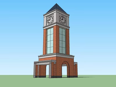 Classic Brick Tower With Clock Faces Glass Windows And Arched Doorways On Green Lawn 3d model