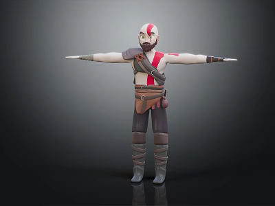3D Warrior Character With Red White Face Paint Gray Brown Outfit And Arms Outstretched Pose 3d model