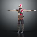 3D Warrior Character With Red White Face Paint Gray Brown Outfit And Arms Outstretched Pose