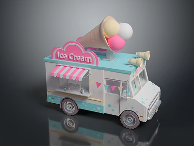 Delightful Pink And Blue Ice Cream Truck With Cone Colorful Scoops Striped Awning And Banners 3d model