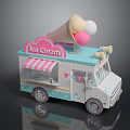 Delightful Pink And Blue Ice Cream Truck With Cone Colorful Scoops Striped Awning And Banners