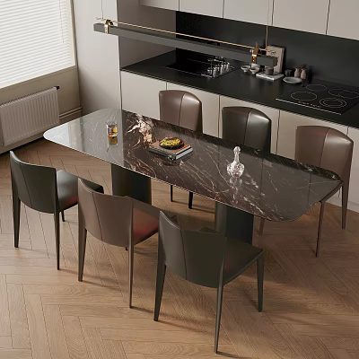 Modern Dining Table Set With Marble Top And Six Dark Leather Chairs In Kitchen 3d model