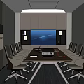 Modern Conference Room Interior Design With Long Table Wheeled Chairs Wall Mounted TV And Wooden Cabinets