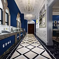 Elegant Jewelry Store Interior With Blue Walls Display Cases Chandeliers And Black White Geometric Floor Tiles