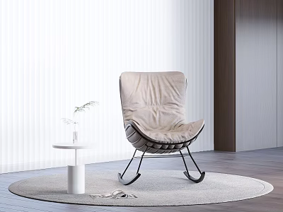 Modern Beige Leisure Chair With Black Metal Frame Round Rug And Side Table Plant 3d model
