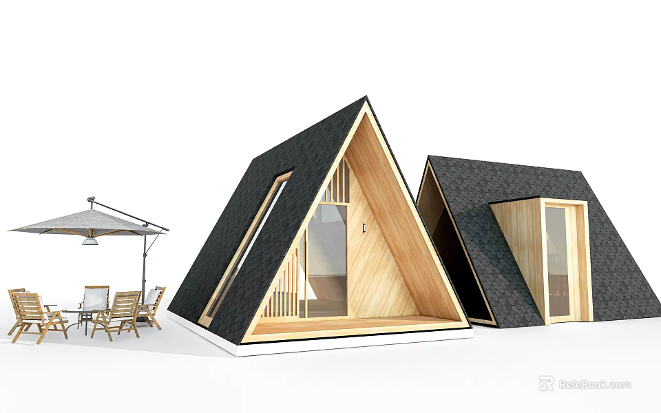 Wooden Houses With Triangular Roofs Large Windows Wooden Siding And Outdoor Umbrella 3d model 