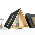 Wooden Houses With Triangular Roofs Large Windows Wooden Siding And Outdoor Umbrella