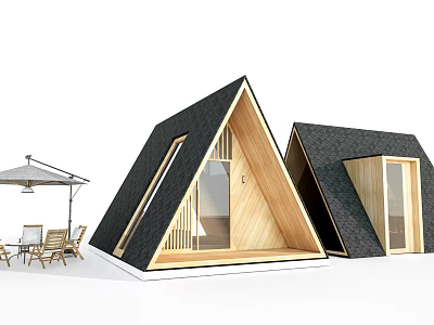 Wooden Houses With Triangular Roofs Large Windows Wooden Siding And Outdoor Umbrella 3d model