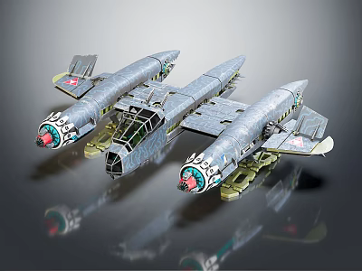 Three Silver Military Style Airplane Models With Red Engines And Wing Emblems 3d model