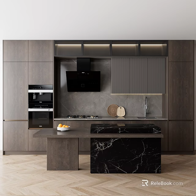 Modern Kitchen With Dark Gray Cabinets Island Counter And Appliances 3d model 