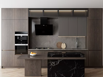Modern Kitchen With Dark Gray Cabinets Island Counter And Appliances 3d model