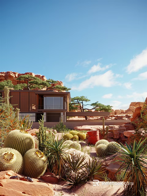 Modern Detached Villa in Desert Rocky Landscape with Large Windows Terrace and Greenery 3d model 