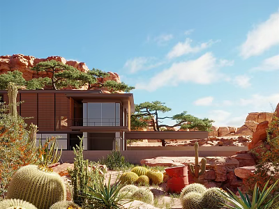 Modern Detached Villa in Desert Rocky Landscape with Large Windows Terrace and Greenery 3d model