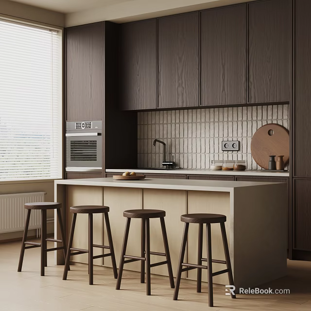 Modern Kitchen Bar With Dark Wooden Cabinets Light Countertop Tiled Backsplash And Four Stools 3d model 