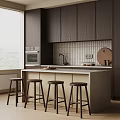 Modern Kitchen Bar With Dark Wooden Cabinets Light Countertop Tiled Backsplash And Four Stools