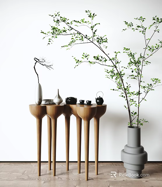 Decorative Wooden Console Table With Tall Legs Vases Teapot Teacups Green Plant In Gray Planter 3d model 