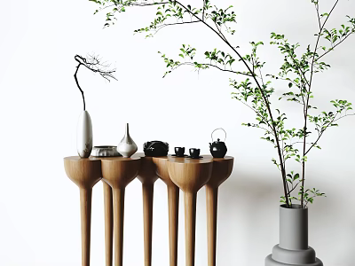 Decorative Wooden Console Table With Tall Legs Vases Teapot Teacups Green Plant In Gray Planter 3d model