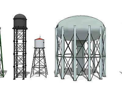 Industrial Equipment Featuring Water Towers With Support Frames And Metal Structures 3d model