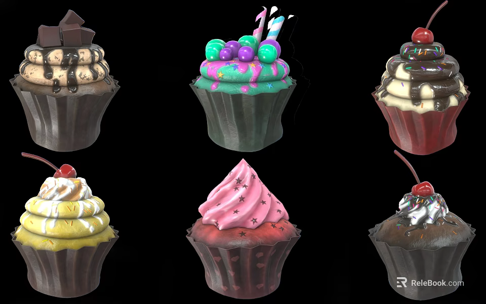 Colorful Decorated Cupcakes with Frosting Fruits and Chocolate Toppings for Daily Life Snacks 3d model 