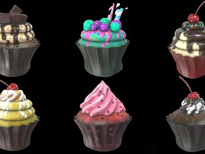 Colorful Decorated Cupcakes with Frosting Fruits and Chocolate Toppings for Daily Life Snacks 3d model