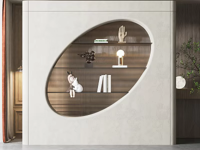 Wall Embedded Oval Decorative Cabinet With Multiple Shelves And Decorative Items 3d model