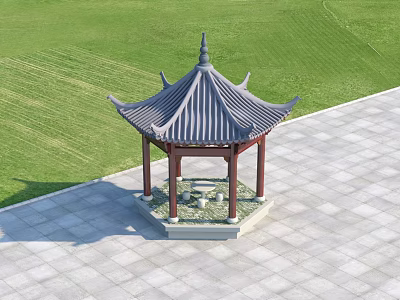 Traditional Chinese Pavilion With Curved Tile Roof Red Pillars And Green Lawn Surroundings 3d model