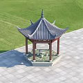 Traditional Chinese Pavilion With Curved Tile Roof Red Pillars And Green Lawn Surroundings