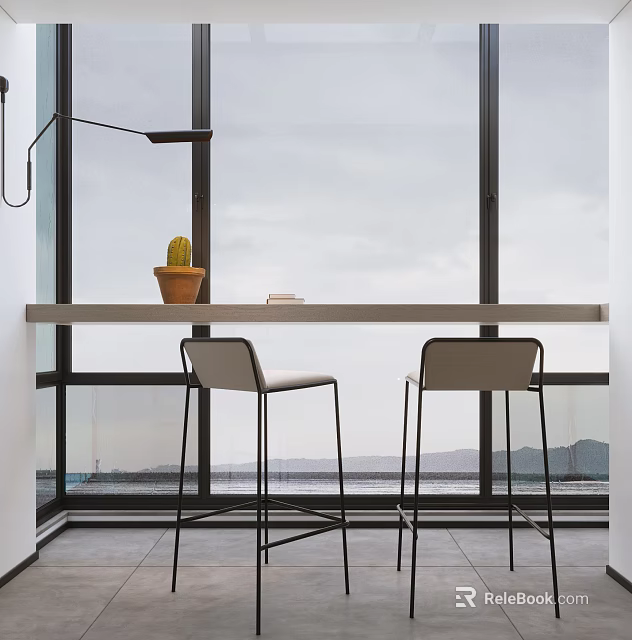 Modern Simple Bar Design With Two Stools Potted Cactus And Window View 3d model