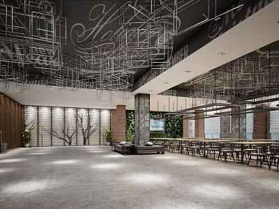 Modern Restaurant Interior With Metal Ceiling Decor Green Plant Walls And Long Tables 3d model