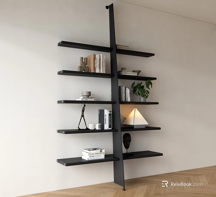 Modern Black Bookshelf With Multiple Shelves Books Decorative Items And Potted Plant 3d model 