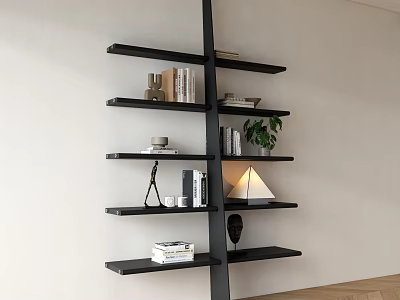 Modern Black Bookshelf With Multiple Shelves Books Decorative Items And Potted Plant 3d model