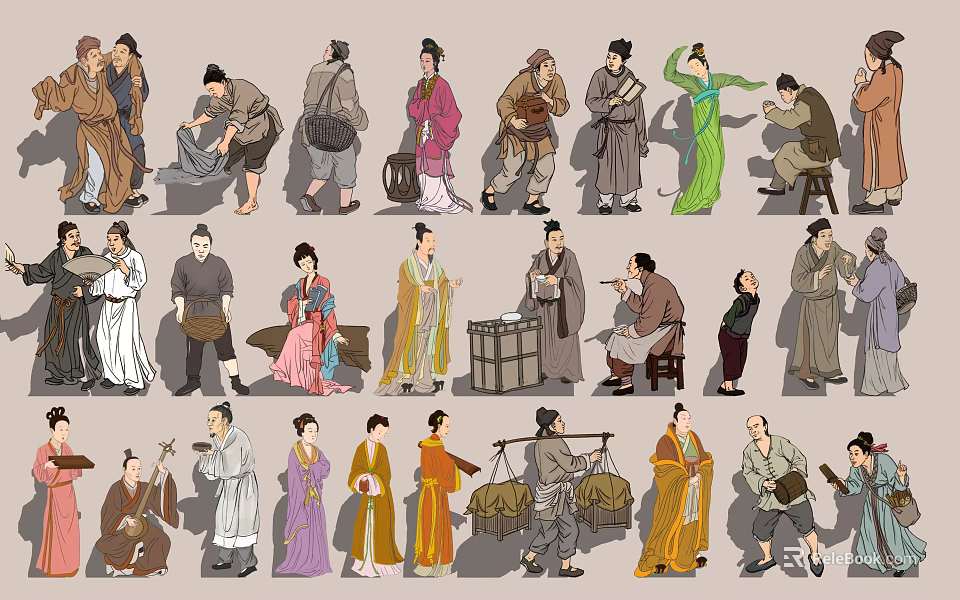 Group of Ancient People in Traditional Clothing Engaged in Diverse Daily Activities 3d model 