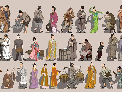Group of Ancient People in Traditional Clothing Engaged in Diverse Daily Activities 3d model