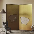 Golden Decorative Screen Featuring Fan Designs In Stylish Room Setting 3d model