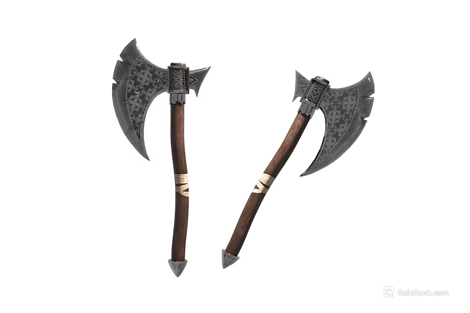 Handcrafted Medieval Battle Axes With Ornate Metal Blades And Wooden Handles 3d model 