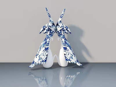 Swing Door With Blue And White Pattern Design And Smooth Surface Reflection 3d model