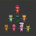 Colorful Orange Cat Dolls In Various Costumes With Different Hats Arranged In Pyramid