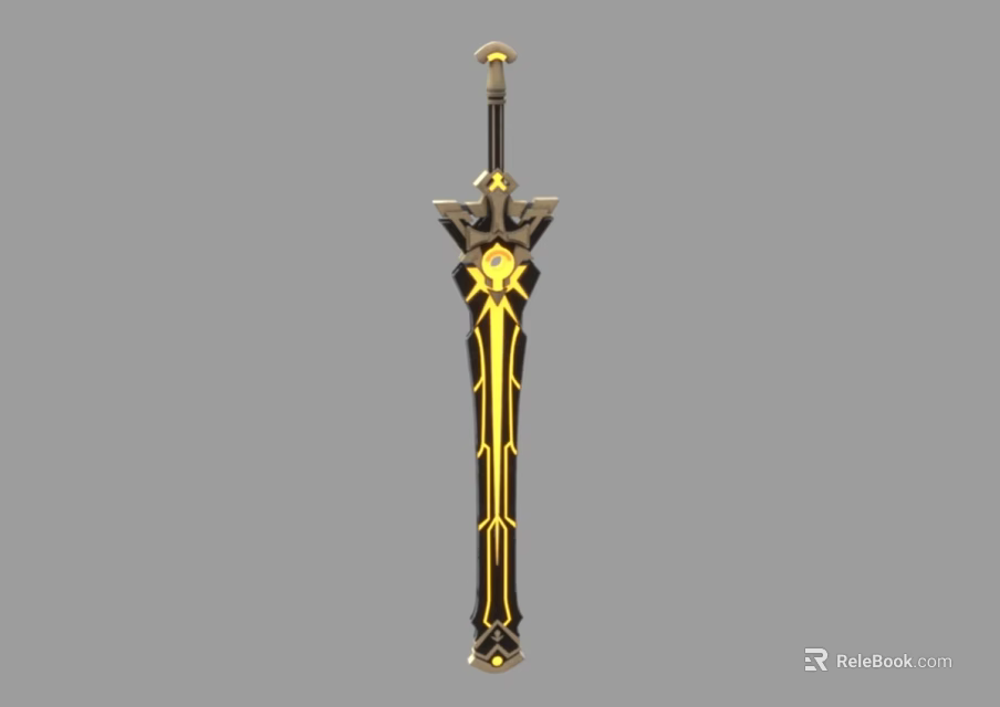 Ornate Fantasy Sword With Gold And Black Decorative Hilt And Blade Design Elements 3d model 